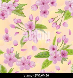 Banner mit Blütenkirsche oder Sakura. Frühlingsblumen. Nahtloses Muster mit Kirschzweigen und rosa Blüten mit grünen Blättern. Stockfoto