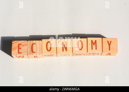 Holzklötze machen das Wort „ECONOMY“ im Englischen aus. Holzblockobjekt Stockfoto