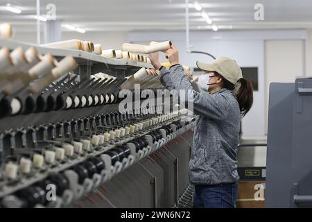 Futaba, Fukushima, Japan. Februar 2024. Ein Arbeiter überprüft eine Gewindeverdrehmaschine in der Futaba Super Zero Mill von Asanonenshi Co., Ltd Das Kernkraftwerk Fukushima Daiichi erlebte eine nukleare Katastrophe, die zur Evakuierung tausender Einwohner führte, nachdem das große Erdbeben in Ostjapan und der anschließende Tsunami die Präfekturen Miyagi, Iwate und Fukushima verwüstet hatten. Ein Jahrzehnt nach der Aufhebung des Evakuierungsbefehls des Bezirks Miyakoji in Tamura City war das erste Gebiet, in dem Beschränkungen aus einem Radius von 20 Kilometern des Kernkraftwerks von TEPCO in Fukushima aufgehoben wurden Stockfoto