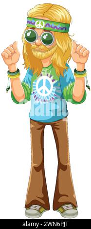 Farbenfroher Hippie mit Friedensschild und Sonnenbrille. Stock Vektor