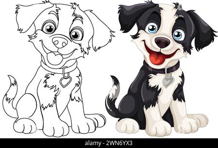 Vektor-Illustration von zwei Zeichentrickwelpen, einer farbig, einer umrissen. Stock Vektor