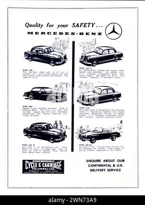 Alte Werbung für Mercedes Benz Cars von Cycle & Carriage Company in der Singapore Cricket Association Annual Dance Broschüre von 1958. Stockfoto