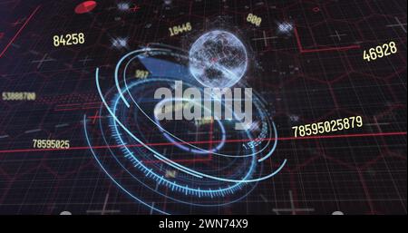 Bild: Oszilloskop scannen, Zahlen ändern und Globus dreht sich auf Raster im Hintergrund Stockfoto