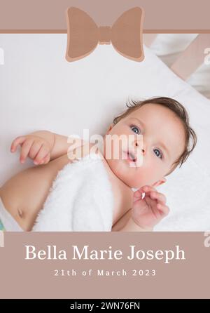 Komposition von bella marie joseph Text mit Geburtsdatum über kaukasienbaby auf beigem Hintergrund Stockfoto