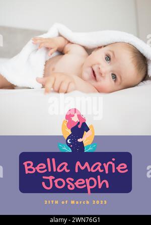 Komposition des bella marie joseph Textes mit Geburtsdatum über dem kaukasischen Baby auf violettem Hintergrund Stockfoto