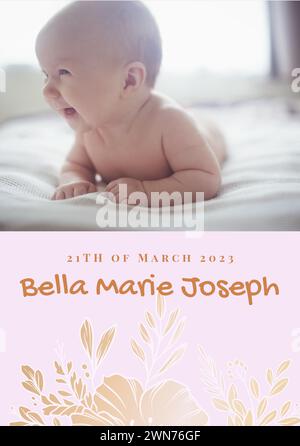 Komposition von bella marie joseph Text mit Geburtsdatum über kaukasienbaby auf rosa Hintergrund Stockfoto