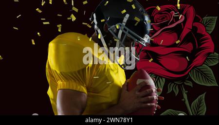 Konfetti, die über Rugby-Plyer fallen und einen Ball gegen das Rosenblumensymbol auf schwarzem Hintergrund halten Stockfoto