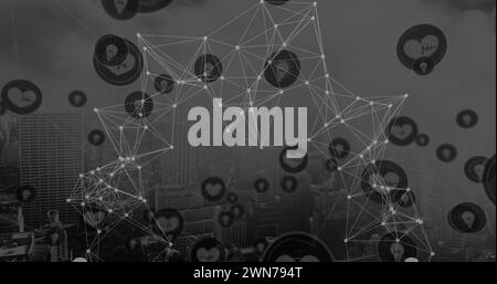 Bild eines Netzwerks von Verbindungen mit Ikonen über dem Stadtbild Stockfoto
