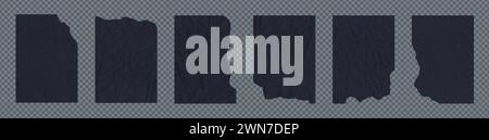 Schwarze, gezackte vertikale Rechteckrahmen. Satz zerrissener und zerknitterter Papierstücke. Vektor zerrissenes Papierblatt für Aufkleber, Collage, Banner. Gerippt Stock Vektor