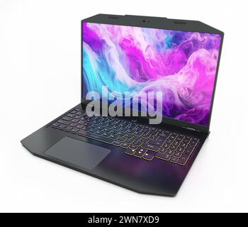 Generischer Gaming-Laptop-Computer isoliert auf weißem Hintergrund. 3D-Abbildung. Stockfoto