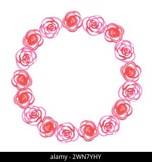 Hand gezeichnet Aquarell rosa und rote abstrakte Rosen Kranz Rahmen Grenze isoliert auf weißem Hintergrund. Kann für Album, Postkarte und andere gedruckte Dokumente verwendet werden Stockfoto