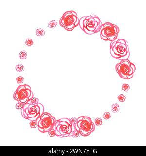Hand gezeichnet Aquarell rosa und rote abstrakte Rosen Kranz Rahmen Grenze isoliert auf weißem Hintergrund. Kann für Album, Postkarte und andere gedruckte Dokumente verwendet werden Stockfoto