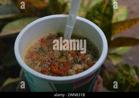 Nahaufnahme von Nudelsuppe in einem Becherbehälter, Instantnudeln Stockfoto