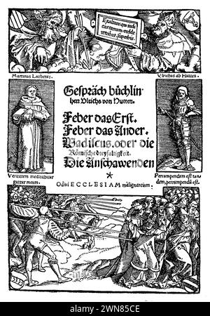 Ulrich von Hutten (1488-1523), Reichsritter und HumanistTitelblatt 1923 von Ulrich Huttens berühmtem Gesprächsbüchlein "eine Streitschrift wider Rom", Ulrich von Hutten (1488-1523), Reichsritter und HumanistTitelblatt von Ulrich Huttens berühmtem Gesprächsbüchlein "eine Streitschrift wider Rom", Ulrich von Hutten (1488-1523), chevalier d'Empire et humanistePage de couverture du célèbre livre d'entretiens d'Ulrich Hutten 'eine Streitschrift wider Rom' (un pamphlet contre Rome) Stockfoto