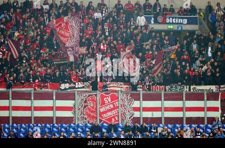 Gelsenkirchen, Deutschland. Februar 2024. firo: 17.02.2024, Fußball, 2. Liga, 2. Bundesliga, Saison 2023/2024, FC Schalke 04 - SV Wehen Wiesbaden 1:0 Fans Wehen Wiesbaden Credit: dpa/Alamy Live News Stockfoto