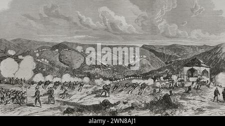 Österreichisch-ungarische Kampagne in Bosnien und Herzegowina (29. Juli bis 20. Oktober 1878). Bosnischer Aufstand. Sarajevo. Generalangriff der österreichisch-ungarischen Armee am 19. August 1878. Stich von Vela. La Ilustración Española y Americana (die spanische und amerikanische Illustration), 1878. Stockfoto
