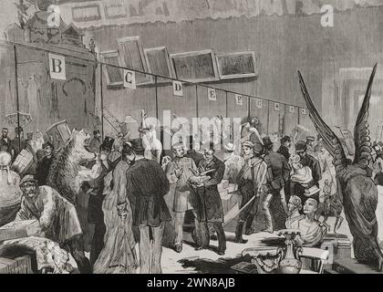 Frankreich, Paris. Empfang der Lose für die nationale Lotterie, die am 10. Januar 1879 im Grand Palais des Champs-Elysien (großer Palast der Elysischen Felder) gezogen wird. Lieferung und Sortierung der Grundstücke im Großen Salon des Palastes. Die Ausstellung wurde am 25. Dezember 1878 eröffnet. Der zentrale Stall enthielt die wertvollsten Lose, in denen provisorische Zähler platziert wurden, die mit den Buchstaben des Alphabets markiert waren, in denen die Gegenstände deponiert und eingeschrieben wurden. Zeichnung von Comba. Gravur von Rico. La Ilustración Española y Americana (die spanische und amerikanische Illustration), 1878. Stockfoto