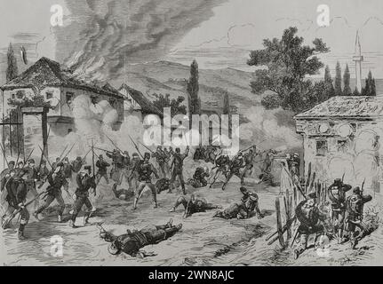 Österreichisch-ungarische Kampagne in Bosnien und Herzegowina (29. Juli bis 20. Oktober 1878). Bosnischer Aufstand. Sarajevo, 19. August 1878. Straßenkämpfe zwischen österreichisch-ungarischen Truppen und Aufständischen. Episode auf der Hauptstraße, in der auch Frauen und verwundete Aufständische an den Kämpfen teilnahmen. Gravur von Ovejero. La Ilustración Española y Americana (die spanische und amerikanische Illustration), 1878. Stockfoto