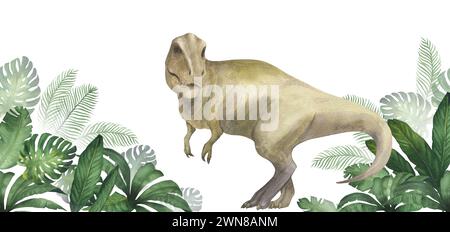 Aquarellillustration von Banner oder Rahmen mit einem Dinosaurier Tyrannosaurus rex im grünen Dschungel mit Palmblättern, Monstera, Aquarelltextur, handgefertigt Stockfoto