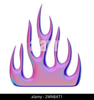 3D-Flamme. Trendiges Y2K-Element. Schillernde bunte Brandform mit glänzenden Verlaufseffekten. 3D-Rendering. Isolierte Abbildung. Stockfoto