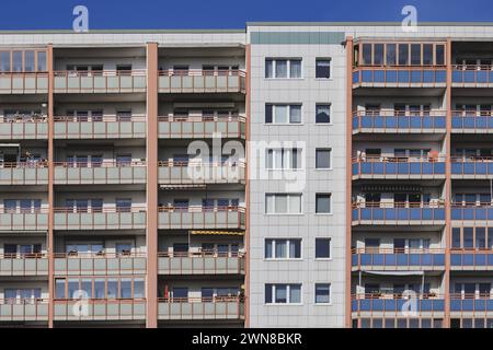 Plattenbauten mit Balkon, aufgenommen im Berliner Stadtteil Lichtenberg in Berlin, 29.02.2024. Berlin Deutschland *** Fertigbauten mit Balkon, fotografiert im Berliner Stadtteil Lichtenberg, 29 02 2024 Berlin Deutschland Copyright: XFlorianxGaertnerx Stockfoto