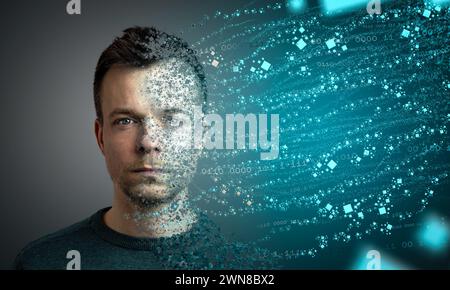 Digitales Transformationskonzept: Der Mensch löst sich in Datenpartikel auf Stockfoto