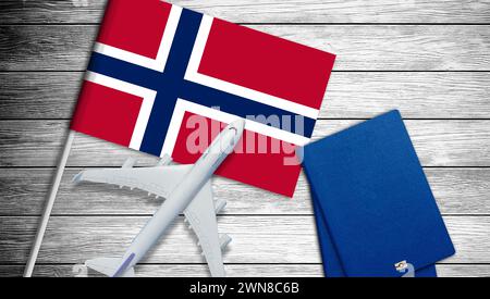 Flugzeug über der Flagge Norwegens das Konzept von Reisen und Tourismus. Spielzeug Flugzeug auf einer Flagge im Hintergrund. Stockfoto