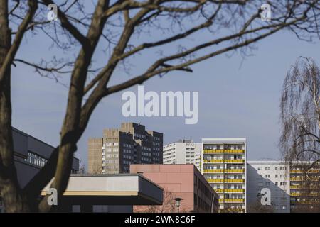 Plattenbauten mit Balkon, aufgenommen im Berliner Stadtteil Lichtenberg in Berlin, 29.02.2024. Berlin Deutschland *** Fertigbauten mit Balkon, fotografiert im Berliner Stadtteil Lichtenberg, 29 02 2024 Berlin Deutschland Copyright: XFlorianxGaertnerx Stockfoto