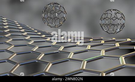 Kohlenstoff-Nanostruktur genannt Fullerene auf dem schwarzen Hintergrund 3D-Rendering Stockfoto