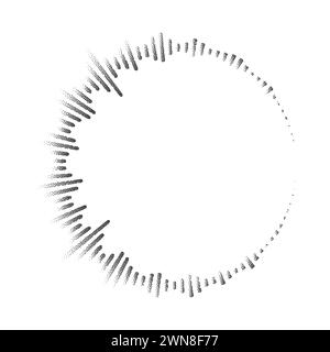 Schallwellenmuster. Frequenz der gepunkteten Musik. Halbtongrunge-Rahmen. Digitaler kreisförmiger Equalizer. Vektordarstellung isoliert auf weißem Hintergrund Stock Vektor