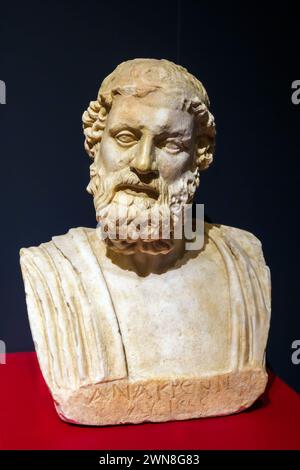 Herm von Anacreon ( 575 – ca. 495 v. Chr. griechischer Lyriker) - Rom, trastevere, Gebiet der Horti di Cesare - Pentelismarmor, 117-138 n. Chr. - Museo Centrale Montemartini, Rom, Italien Stockfoto