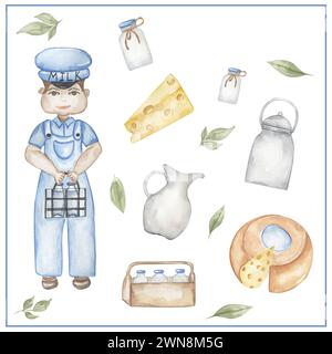 Aquarell Milkmen Clipart, handgezeichnete Illustration. Milchmänner arbeiten, Kinder Schulkarten ClipArt, lehrreiche, süße Kindergrafiken mit Berufen. Stockfoto