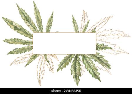 Aquarell medizinische Cannabis Blätter Rahmen Illustration, Marihuana Blätter Grenze Clipart, handgemalt natürliche therapeutische Droge Kranz Clip Art, medizinisch Stockfoto