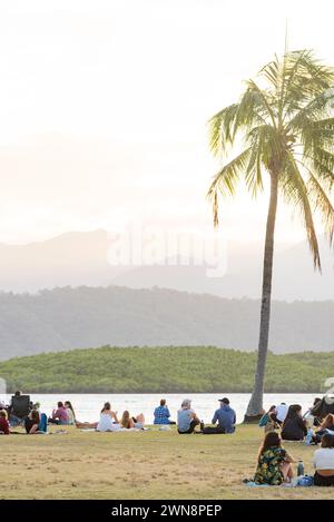 Am späten Nachmittag versammelten sich die Menschen in dem von Palmen gesäumten Park am Eingang zu Dixon Inlet und Port Douglas im Norden von Queensland, Australien Stockfoto