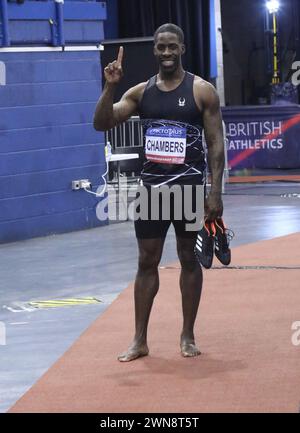 Birmingham, England 17. Februar 2024 Microplus UK Athletics Championships @ the Utilita Arena - Birmingham Saturday die Championships werden auch als offizielle Trial-Veranstaltung für Athleten dienen, um ihren Platz bei den Leichtathletik-Hallenweltmeisterschaften im März 2024 in Glasgow zu buchen. Dwain Chambers nach dem Lauf in der 60 m langen GED Noonan/Alamy Stockfoto