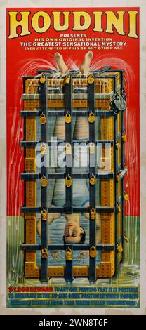 Vintage-Poster Der Zauberkünstler. Houdini präsentiert seine eigene Erfindung, das größte sensationelle Mystery. Ca. 1910er Jahre Stockfoto