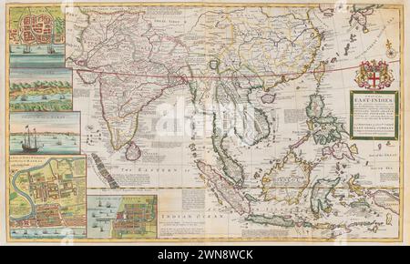 Vintage Map of the East Indies von Herman Moll. 1720. Mit Colonial Holding aus Dänemark, England, Frankreich, Holland, Portugal, Spanien, . Mit eingebautem Stadtplan Stockfoto