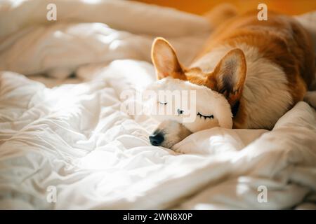 Corgi-Hund schläft mit einer Schlafmaske auf einem weißen Bett in der Sonne Stockfoto