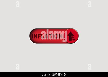 3D-Darstellung der roten Taste, die den globalen Aufblasvorgang aktiviert. Finanzkrise Geschäftsmarkt. Währungsrisiko. Stockfoto