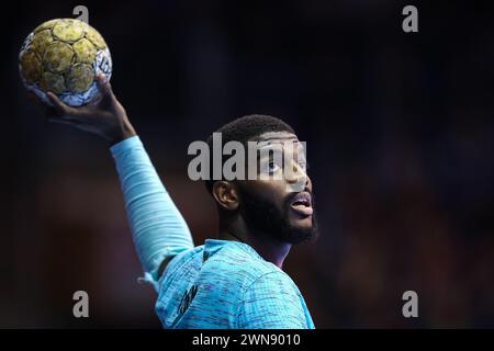 Magdeburg, Deutschland. Februar 2024. Handball: Champions League, SC Magdeburg - FC Barcelona, Gruppenphase, Gruppe B, Spieltag 13, GETEC Arena. Barcelonas Dika Mem spielt den Ball. Quelle: Ronny Hartmann/dpa/Alamy Live News Stockfoto