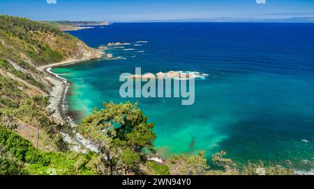 Meereslandschaft von Aussichtspunkt La Atalaya, Kantabrisches Meer, Miradores Küstenpfad, Natura 2000-Netzwerk, Naturschutzgebiet, Muros de Nalón, Principado de Astu Stockfoto