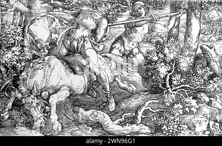 Illustration von Absalom (König Davids Sohn), der versuchte, Davids Männern zu entkommen, fing seinen Kopf an einem Ast einer Eiche, die sein Maultier fortfuhr, während Absalom W Stockfoto