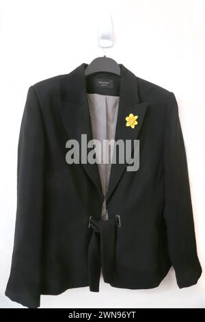 Blazer-Jacke für Damen mit Bindeband vorne und silbernem Futter und Marie Curie Narzissen Stockfoto