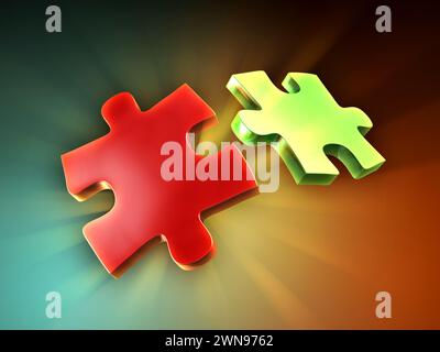 Zwei Puzzleteile mit Hintergrundbeleuchtung für wunderschöne Lichtstrahlen. Digitale Illustration. Stockfoto