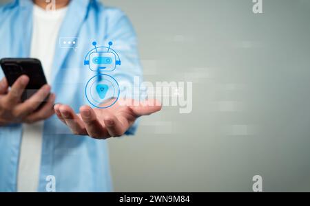 Mann Hand verwenden ein Smartphone zeigen, um Live-Chat zu schreiben, Fragen zu beantworten, mit einem künstlichen Intelligenzsystem. Chatbot. KI-Assistent. Stockfoto