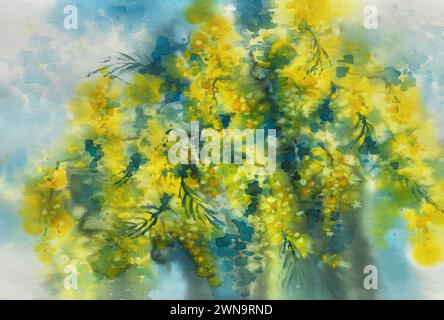Gelbe Mimosazweige auf blauem Aquarellhintergrund Stockfoto