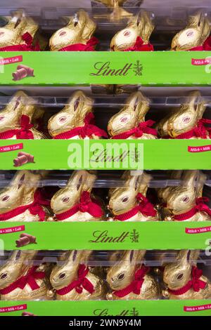 Nahaufnahme von Lindt Golden Milk Easter Chocolate Hasen in einem Regal in einem Geschäft in Großbritannien Stockfoto