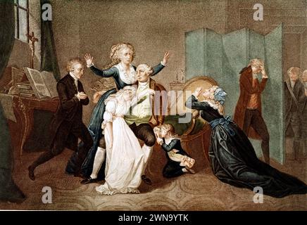Das letzte Treffen Ludwigs XVI. Mit seiner Familie (Marie Antoinette und ihren Kindern) am Vorabend seiner Hinrichtung, nachdem er in der Nacht vom 01/1793 mit seinem Beichtvater Edgworth gesprochen hatte. Gravur sd. Anfang des 19. Jahrhunderts. Stockfoto