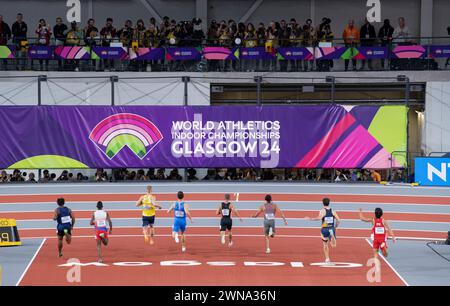 Glasgow, Schottland, Großbritannien. März 2024. Die 60 m für Herren fahren am 1. Tag bei der Leichtathletik-Hallenweltmeisterschaft in der Emirates Arena, Glasgow, Schottland, Großbritannien. März 2024. Foto Gary Mitchell Stockfoto