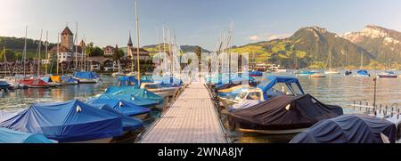 Panorama mit Spiezkirche und Schloss am Thunersee im Schweizer Kanton Bern, Spiez, Schweiz. Stockfoto